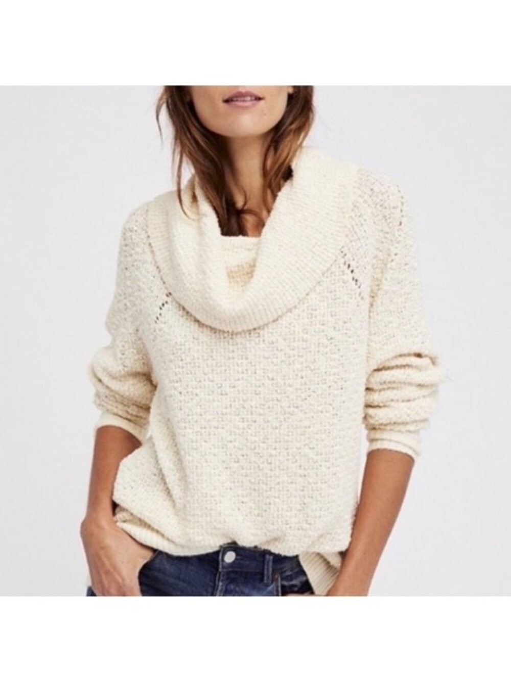 Free People By Your Side Cowl Neck Cream Boucle Sweater XS Neutral Fall Boho